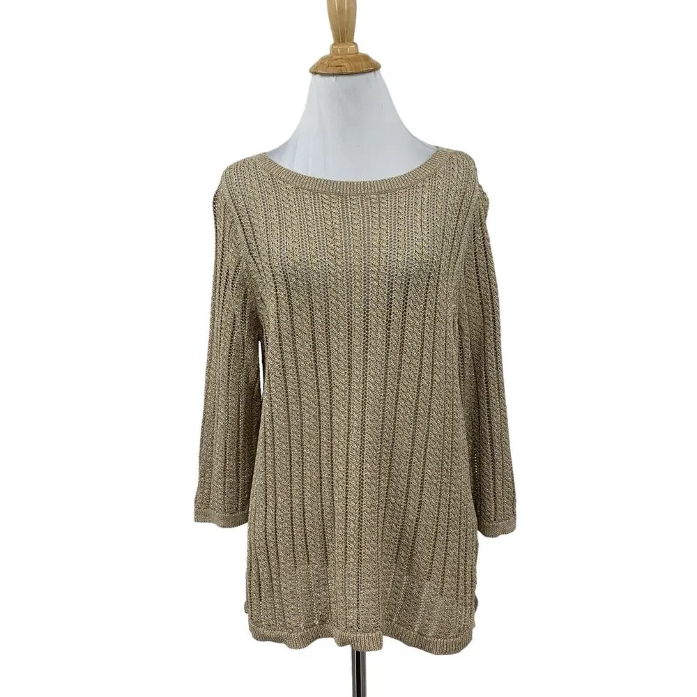 Talbots Sweater Womens XLP Gold Petite Linen Metallic Blend Open Knit Pullover